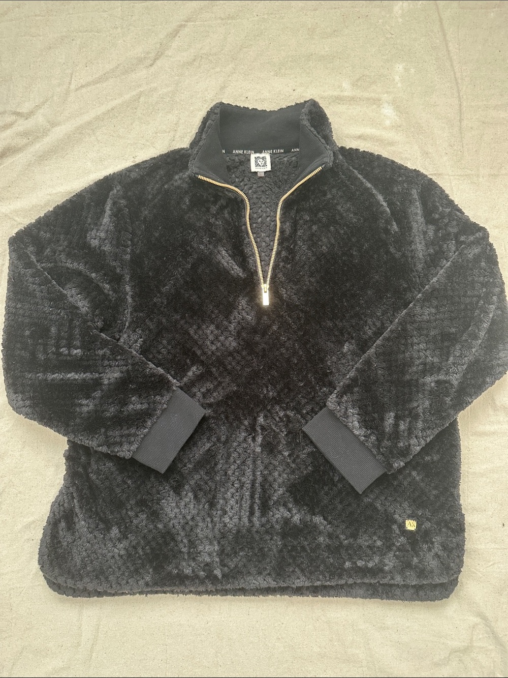Anne Klein Cozy Black Fleece 1/4 Gold Zip Pullover Sweatshirt with Mock Neck L